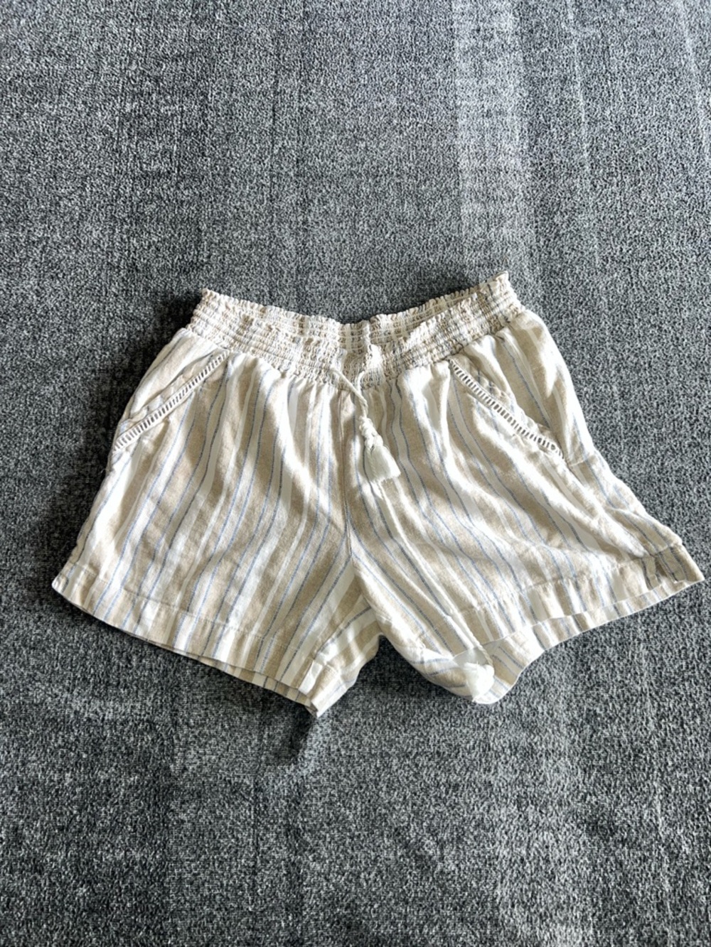 Briggs Cream Blue Stripes Vacation Resortwear  Beach Smocked Drawstring Shorts